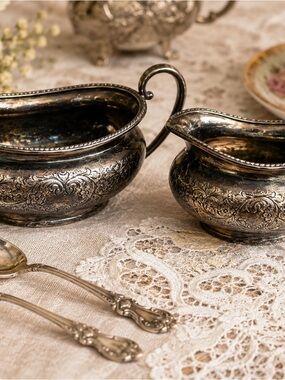 Vintage EPQ Silver Plated Creamer & Sugar Bowl Set Floral Engraved Rococo